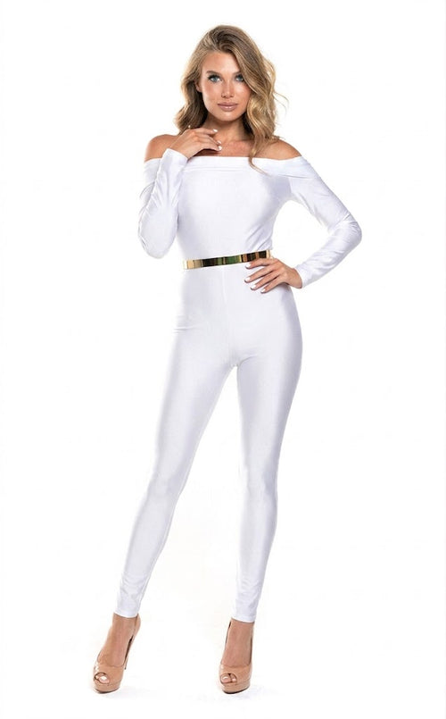 Off Shoulder Long-Sleeve Jumpsuit with Belt Sleek Bodycon Evening Dress by Jessica Angel 868