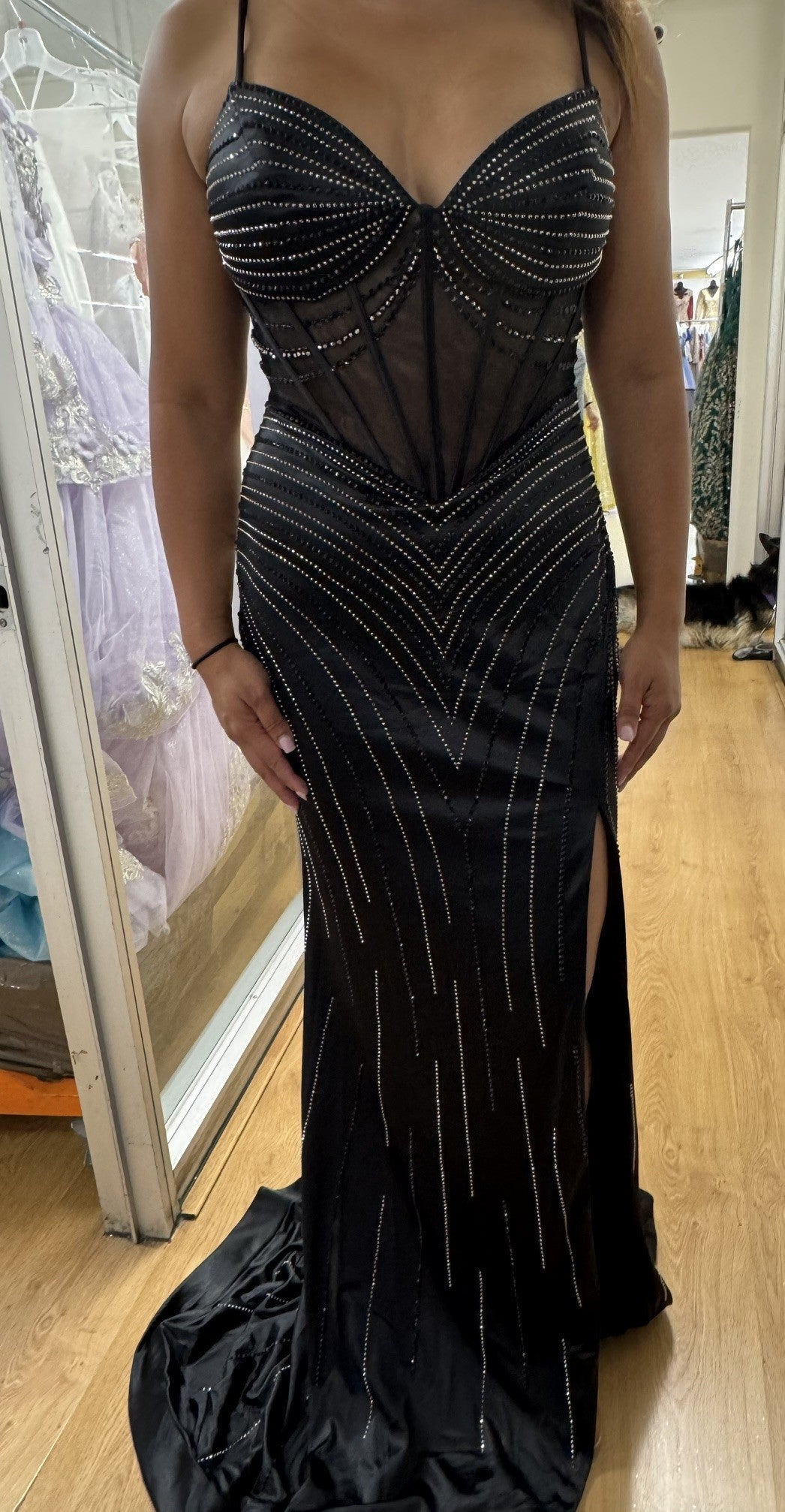 Beaded Corset Evening Gown with Sheer Bodice & High Slit Elegant Formal Dress by May Queen MQ2197