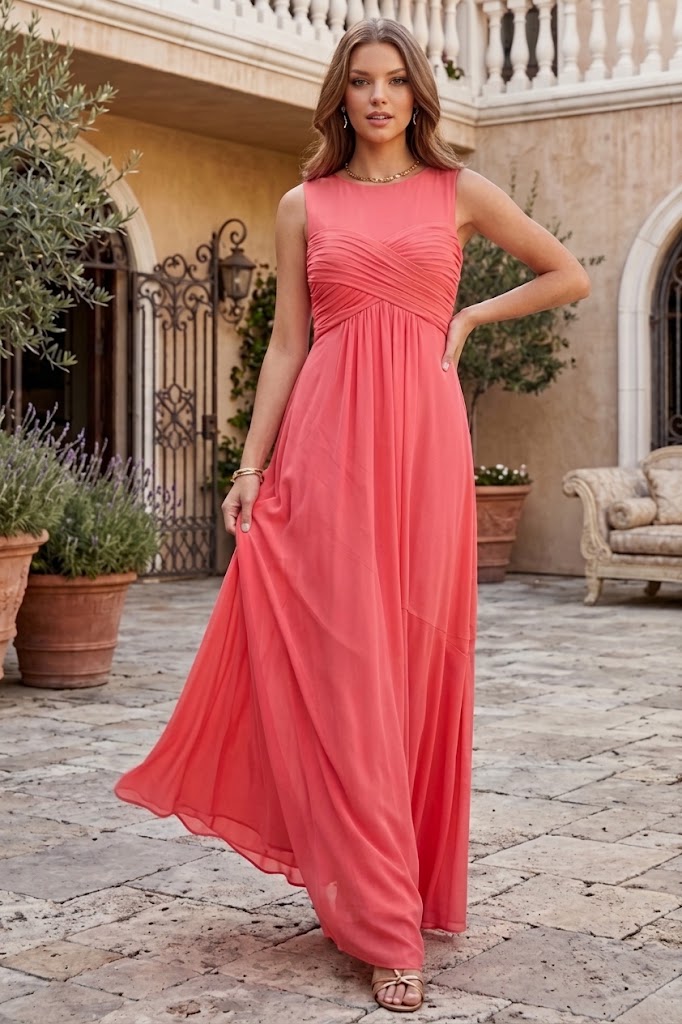Vestido largo de gasa elástica sin mangas para dama de honor Eva USA 3153