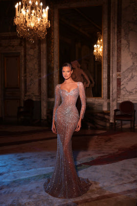Chic and Holland HF110630 Sweetheart Long Sleeve Beaded Sheath Prom Gown