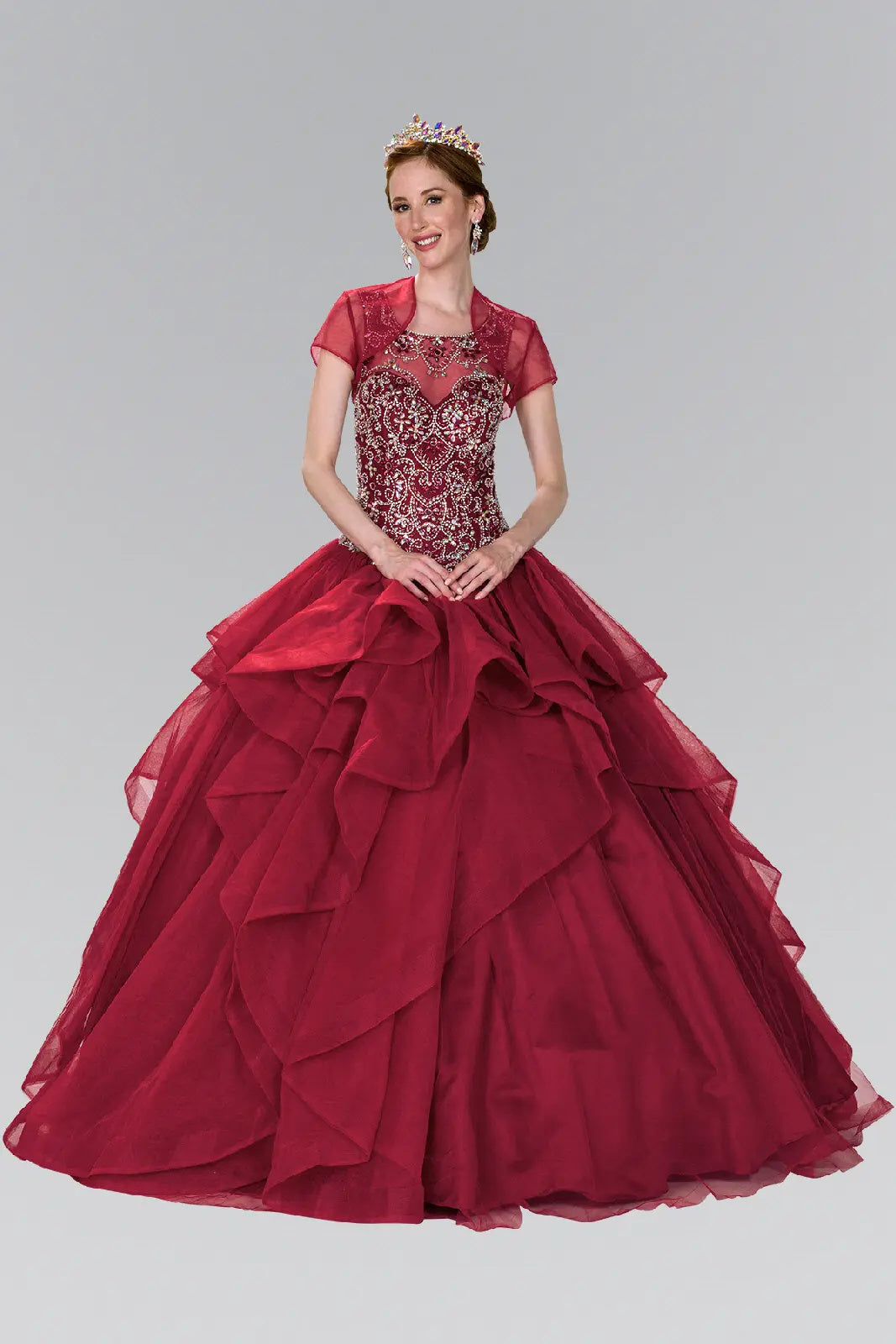 Burgundy and Gold Quinceanera Ball Gown by Elizabeth K GL2378