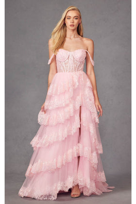 Draped Off-Shoulder Prom Gown by Juliet JT2467K
