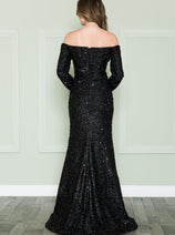 POLY USA 8876 Long Sleeve Sequin Off Shoulder Dress For Holiday Party