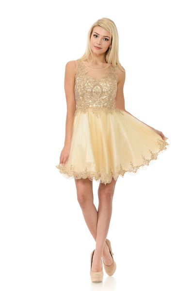 Sleeveless Gold Embroidered Short Tulle Party Dress By Lenovia 8101