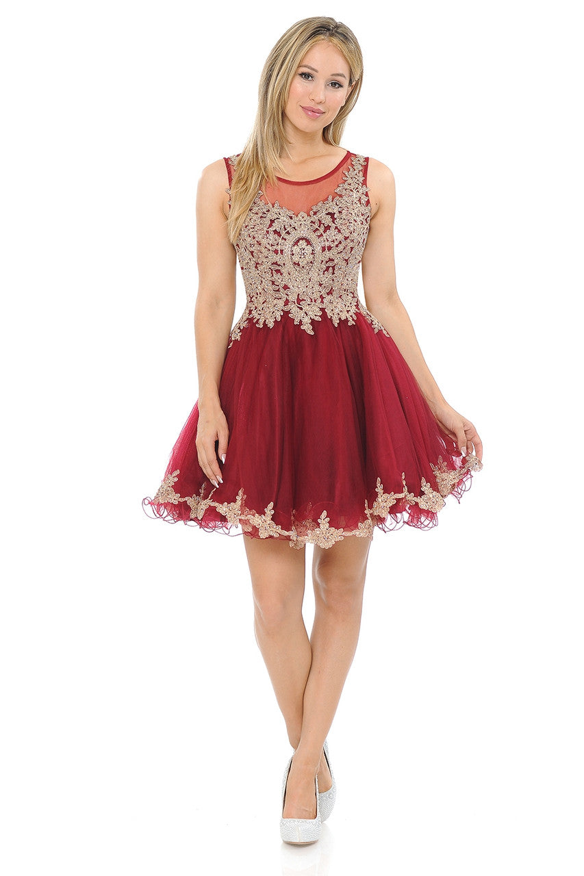 Sleeveless Gold Embroidered Short Tulle Party Dress By Lenovia 8101