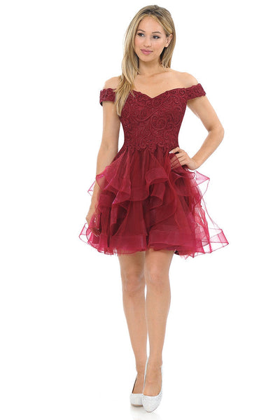 Vestido de fiesta corto de tul bordado con hombros descubiertos y espalda de corsé de Lenovia 8130