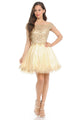 Off-Shoulder A-Line Short Dress with Gold Embroidery Tulle Skirt By Lenovia 8124