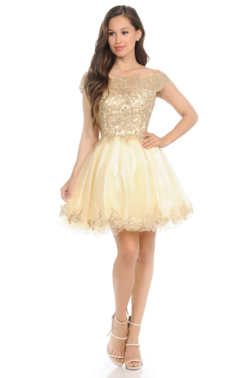 Off-Shoulder A-Line Short Dress with Gold Embroidery Tulle Skirt By Lenovia 8124