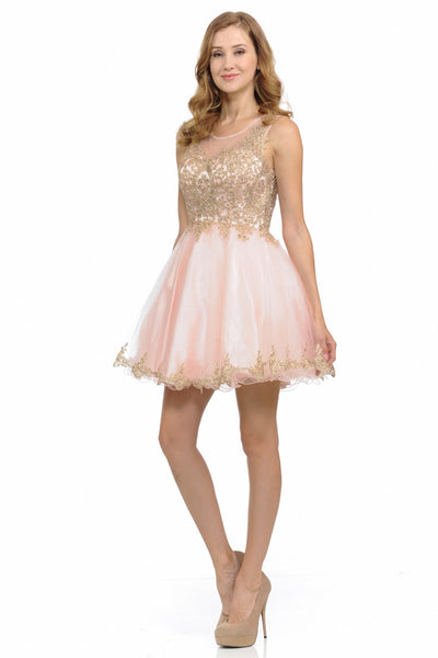 Sleeveless Gold Embroidered Short Tulle Party Dress By Lenovia 8101