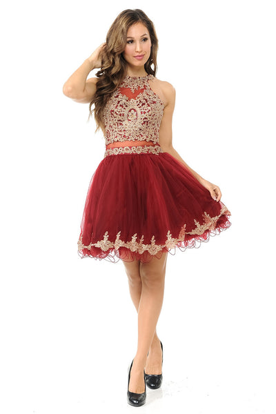 Halter Neck Tulle Short Dress with Gold Embroidery Semi Formal Party Dress By Lenovia 8015