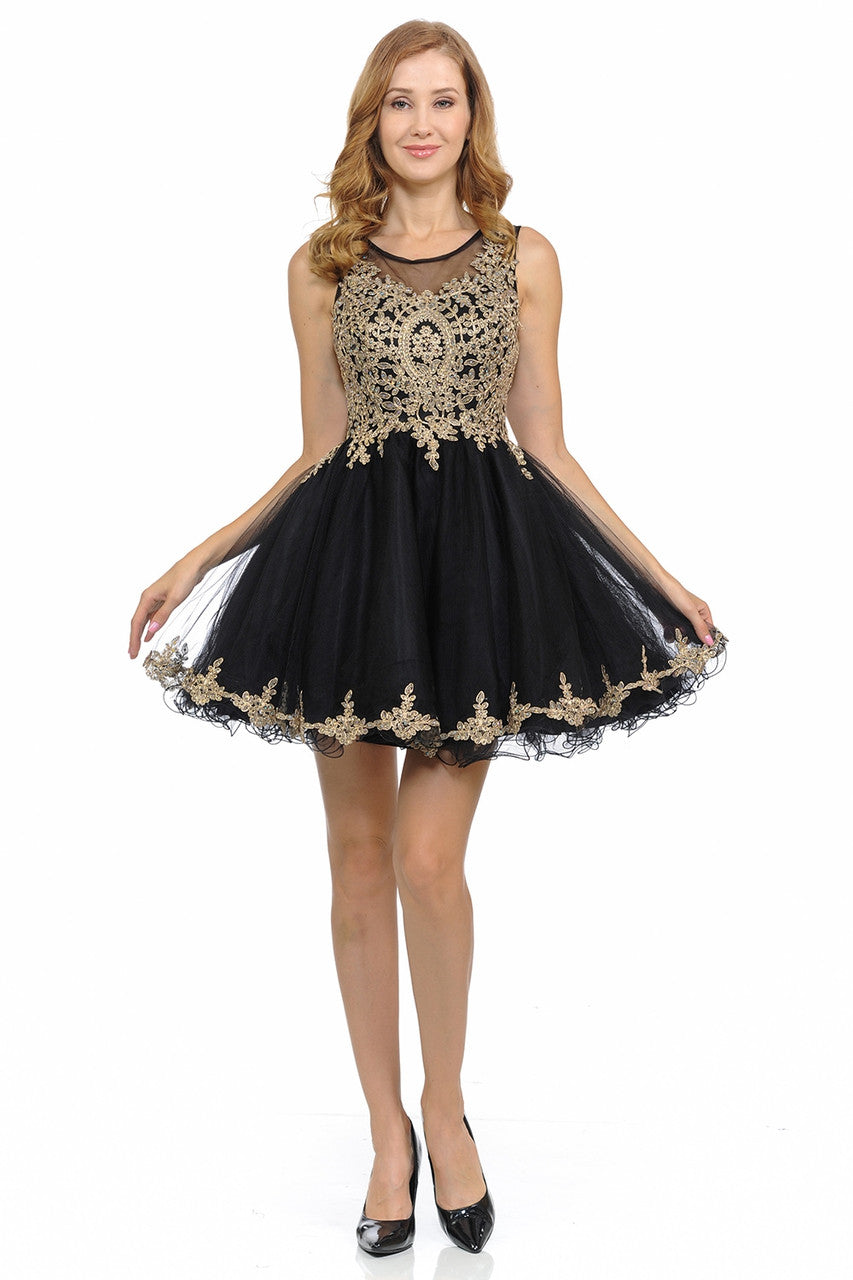 Sleeveless Gold Embroidered Short Tulle Party Dress By Lenovia 8101