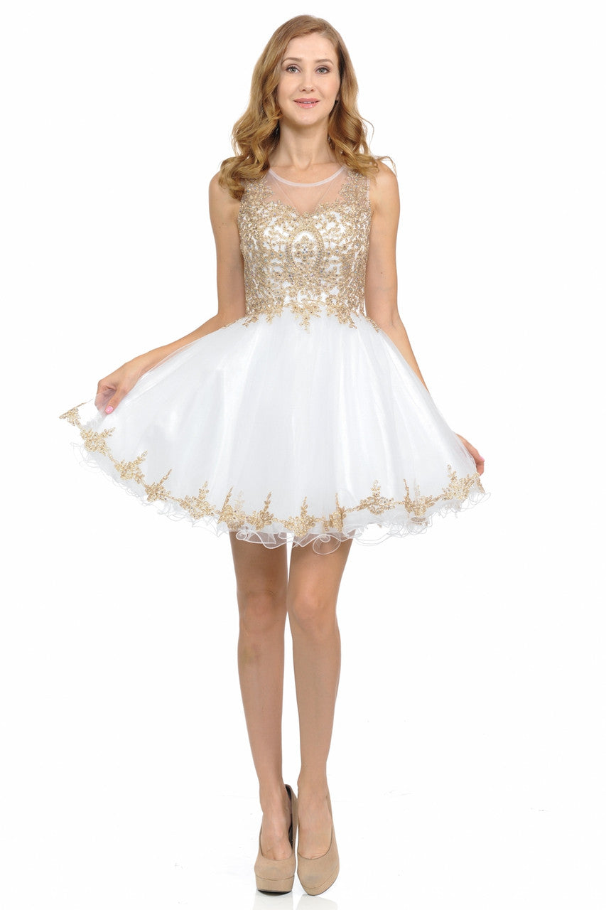 Sleeveless Gold Embroidered Short Tulle Party Dress By Lenovia 8101