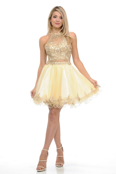 Halter Neck Tulle Short Dress with Gold Embroidery Semi Formal Party Dress By Lenovia 8015