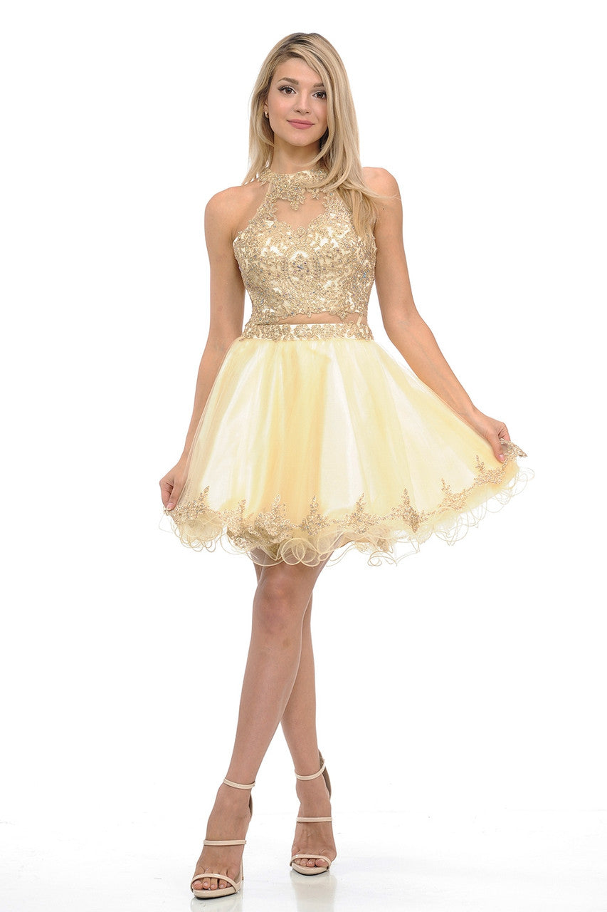 Vestido corto de tul con cuello halter y bordado dorado, vestido de fiesta semiformal de Lenovia 8015