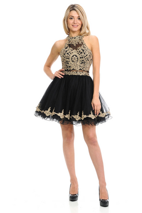Halter Neck Tulle Short Dress with Gold Embroidery Semi Formal Party Dress By Lenovia 8015