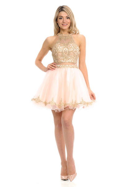Halter Neck Tulle Short Dress with Gold Embroidery Semi Formal Party Dress By Lenovia 8015