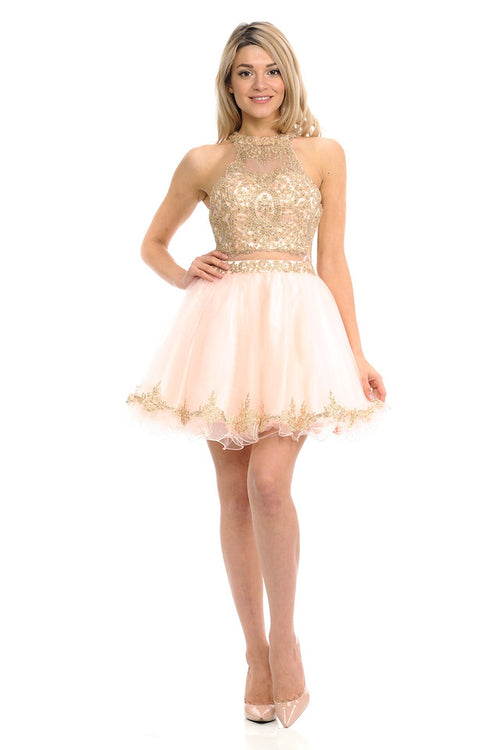 Vestido corto de tul con cuello halter y bordado dorado, vestido de fiesta semiformal de Lenovia 8015