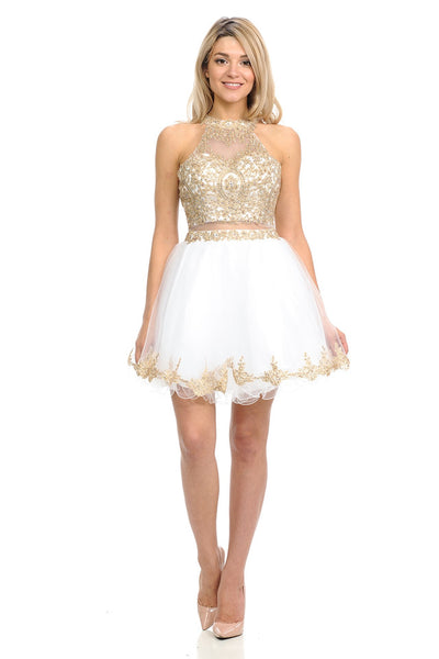 Halter Neck Tulle Short Dress with Gold Embroidery Semi Formal Party Dress By Lenovia 8015