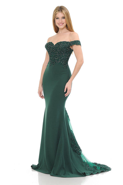 Off-Shoulder Lace Embroidered Mermaid Gown with Sheer Train By Lenovia 8134