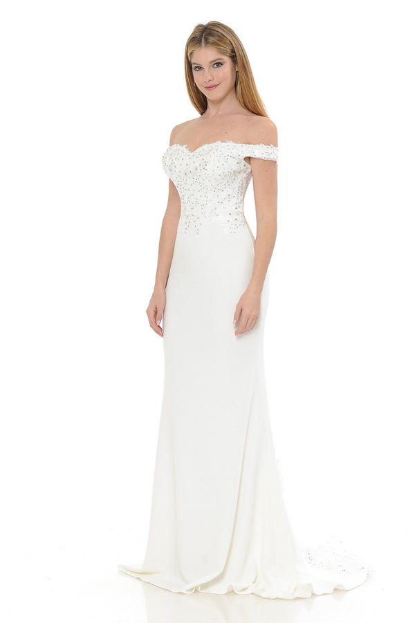 Lenovia IVORY Crepe with Beaded Embellished Bodice Mermaid/Fit and Flare Dress