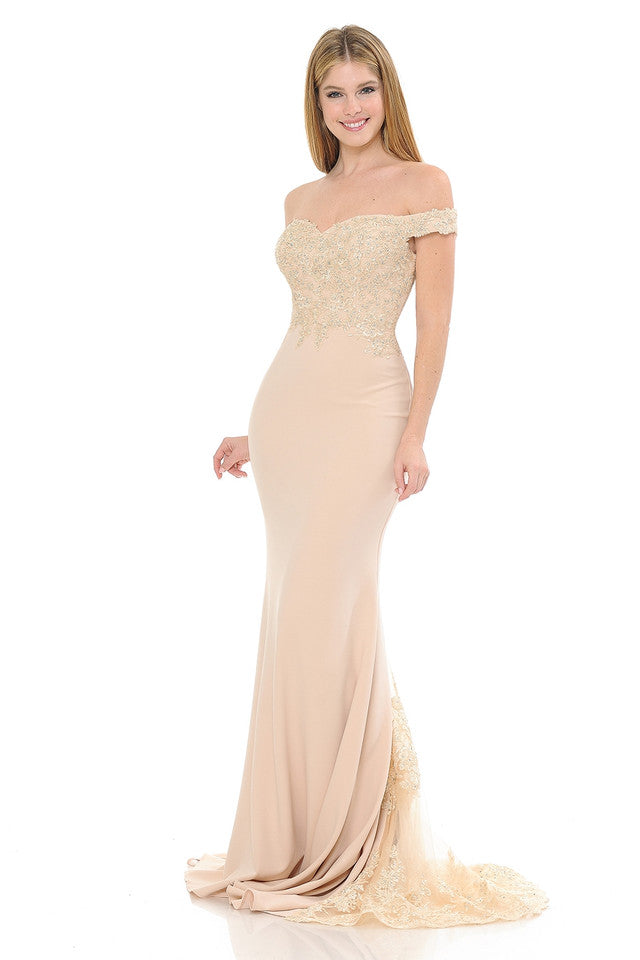 Off-Shoulder Lace Embroidered Mermaid Gown with Sheer Train By Lenovia 8134