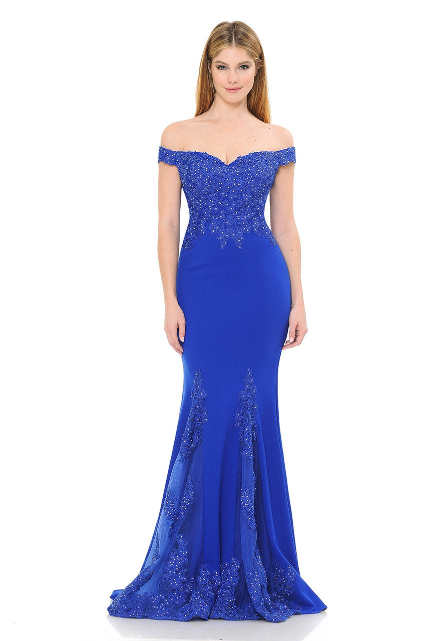 Vestido formal de sirena con hombros descubiertos, bordado con cuentas y falda de malla con godets de Lenovia 8137