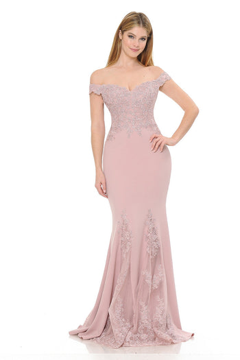 Off-Shoulder Beaded Embroidered Mermaid Formal Gown with Mesh Godet Skirt By Lenovia 8137