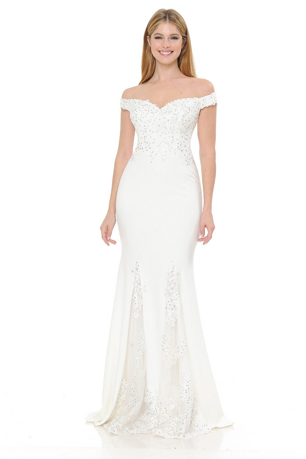 Lenovia IVORY Embroidered Crepe with Mesh Accents Mermaid Dress