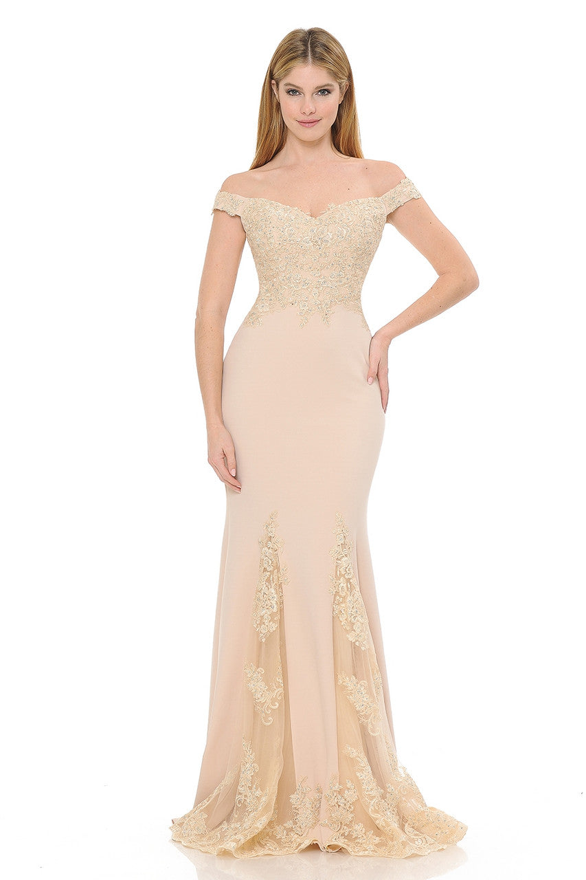 Vestido formal de sirena con hombros descubiertos, bordado con cuentas y falda de malla con godets de Lenovia 8137