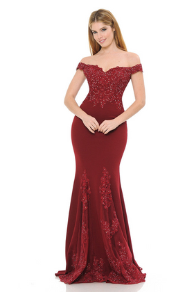 Clearance Burgundy Size M Beaded Embroidered Off-Shoulder Mesh Mermaid Formal Gown By Lenovia 8137