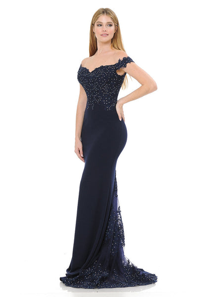 Off-Shoulder Lace Embroidered Mermaid Gown with Sheer Train By Lenovia 8134