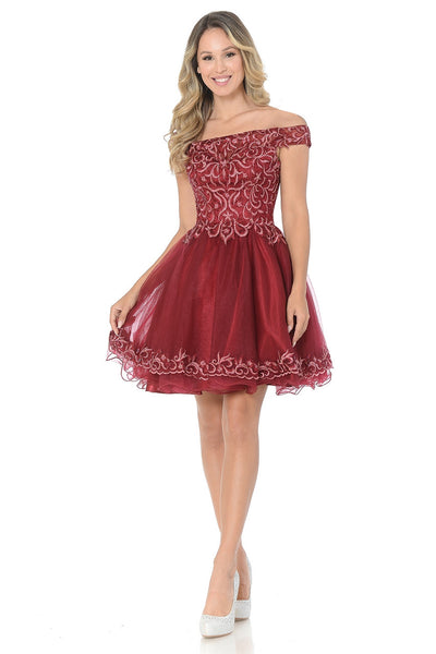 Off-Shoulder Short Tulle Dress with Embroidered Lace Bodice By Lenovia 8141