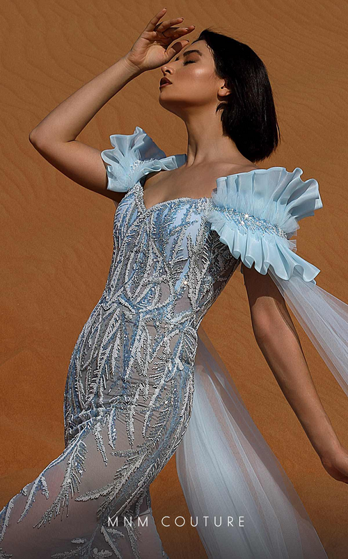 MNM Couture K4041 Sheer Blue Embroidered Gown with Cape Sleeves
