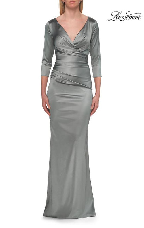 La Femme 33152 Floor-Length V-Neck Three-Quarter-Sleeve Ruched Evening Gown with Open Back