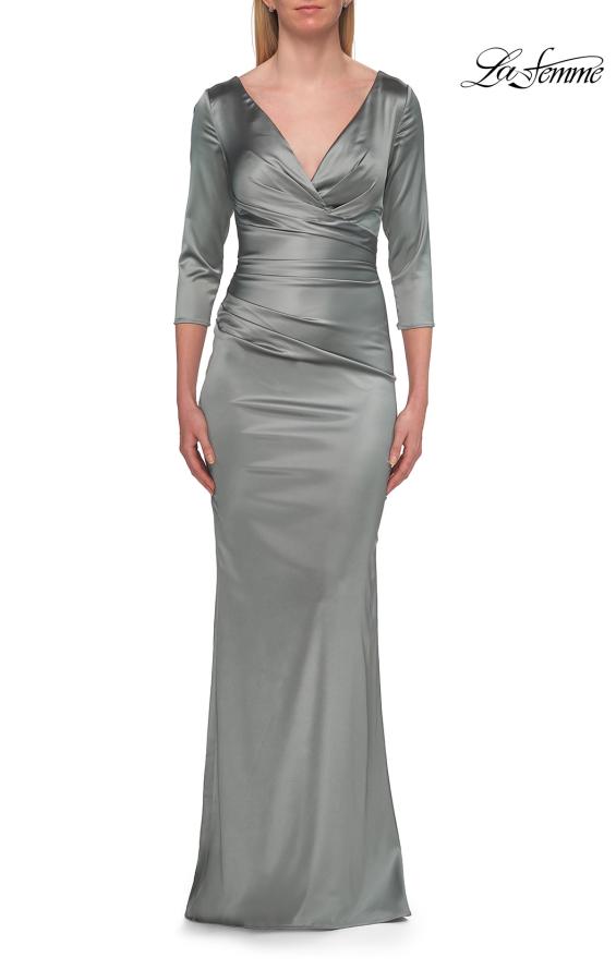 La Femme 33152 Floor-Length V-Neck Three-Quarter-Sleeve Ruched Evening Gown with Open Back