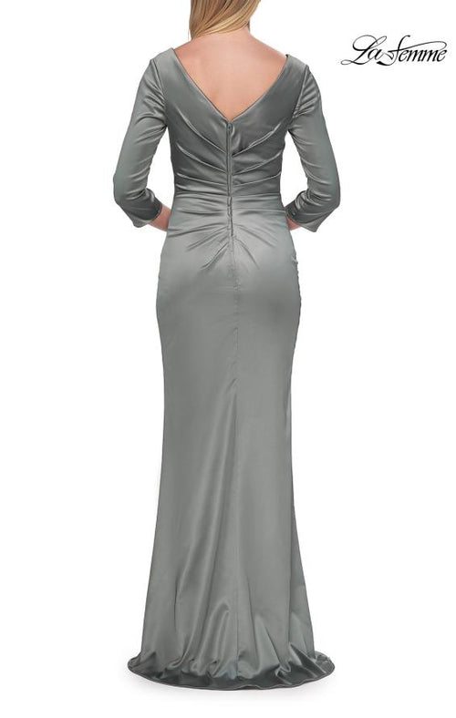 La Femme 33152 Floor-Length V-Neck Three-Quarter-Sleeve Ruched Evening Gown with Open Back