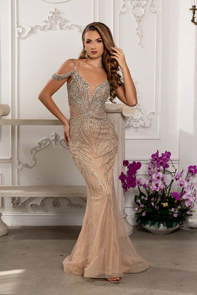 Off-Shoulder Beaded Mermaid Evening Gown with V-Neckline & Sweep Train by Royal Queen RQ8259