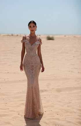 Chic and Holland HF110066 V-Neck Beaded Evening Gown