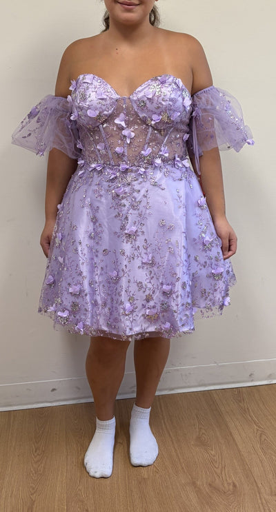 Vestido corto de cóctel con purpurina floral 3D transparente May Queen MQ2036