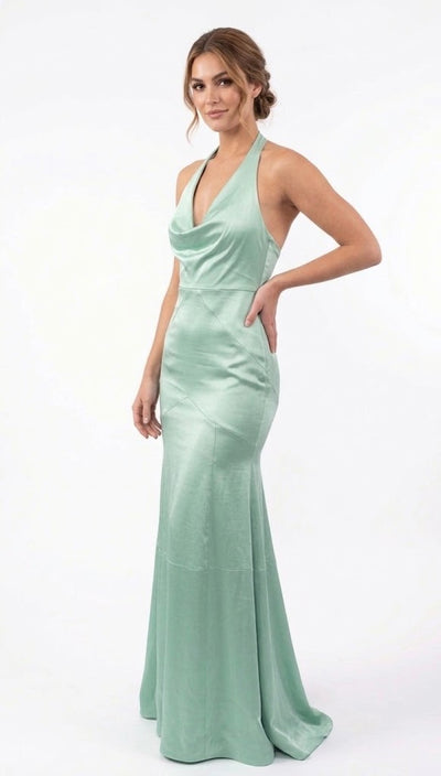 Satin Halter Neck Open Back Formal Gown with Draped Bodice Floor Length Dress by Jovani 45461