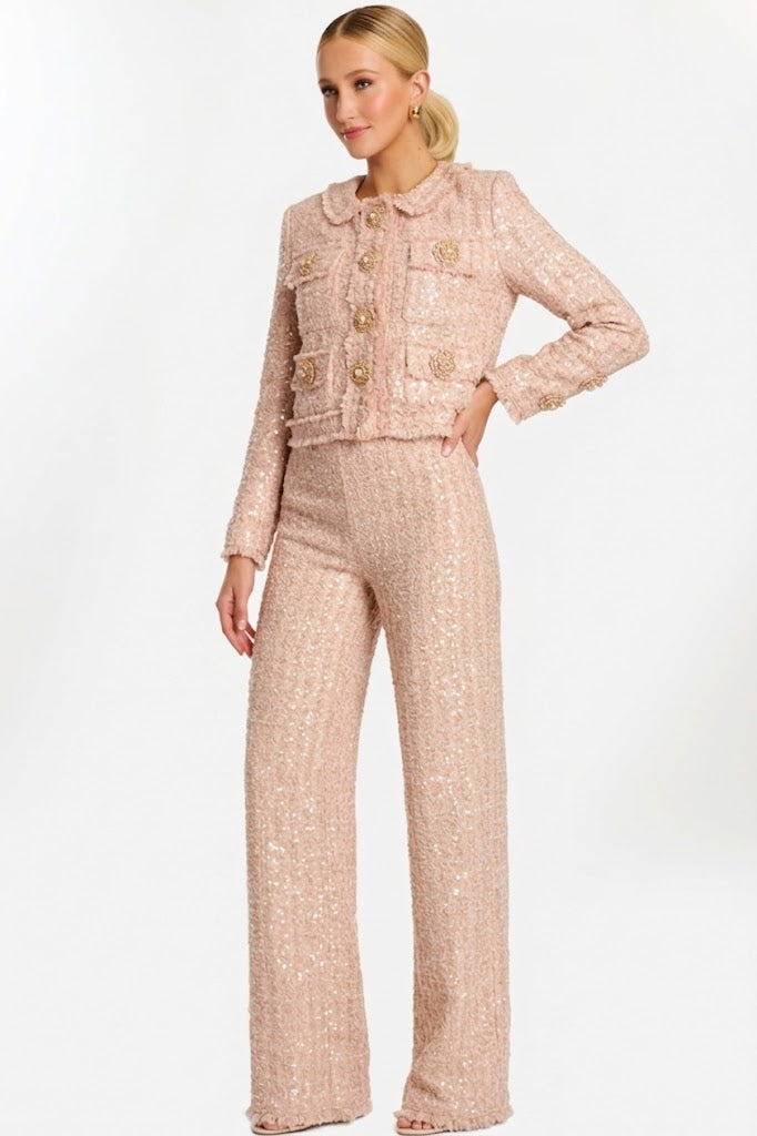 Sequin Tweed Pant Suit Embellished Jacket & Wide Leg Pants Formal Set by Jovani 45244
