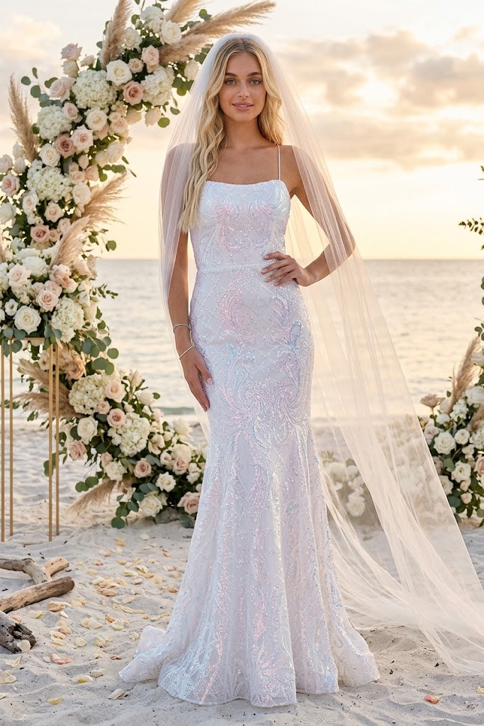 Amelia Couture 6116B Mermaid Open Back Wedding White Formal Dress