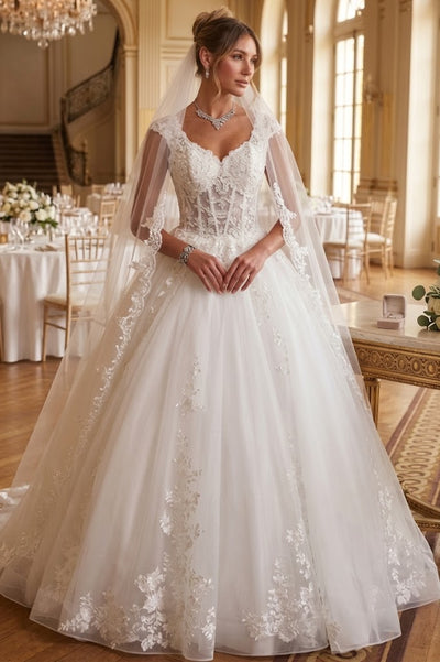 DeKlaire 490 A-Line Wedding Dress with Cap Sleeves and Chapel Train