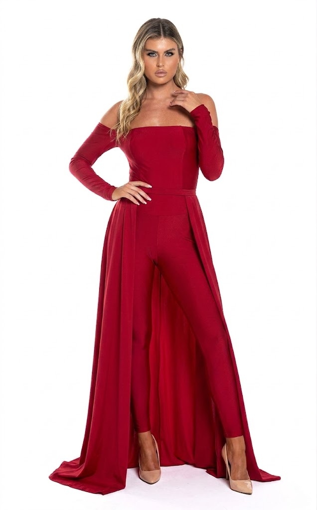 Off Shoulder Long-Sleeve Evening Jumpsuit with Open Lace-Up Back by Jessica Angel 877