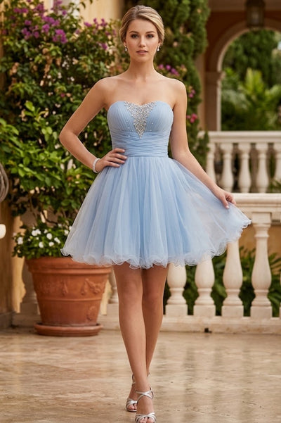 Vestido corto de tul con volantes, sin tirantes y cuentas de Elizabeth K GS1051