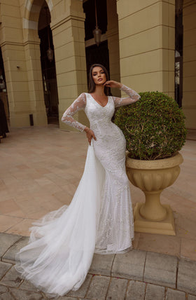 Chic and Holland BR550008 V-Neck Long Sleeve Evening Gown