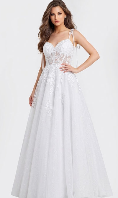 Floral Appliqué A-Line Sparkle Tulle with Sheer Lace Bodice by Jovani 49092