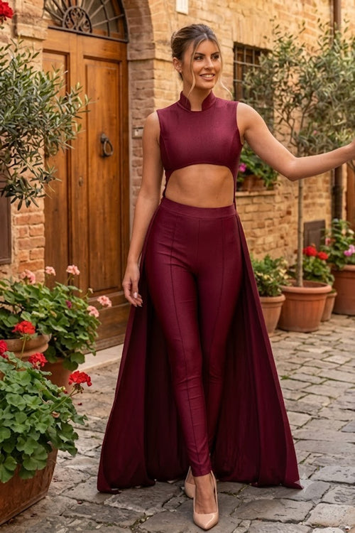Sleeveless High Neck Cut-Out Jumpsuit with Chiffon Train Fitted Evening Outfit by Jessica Angel 863