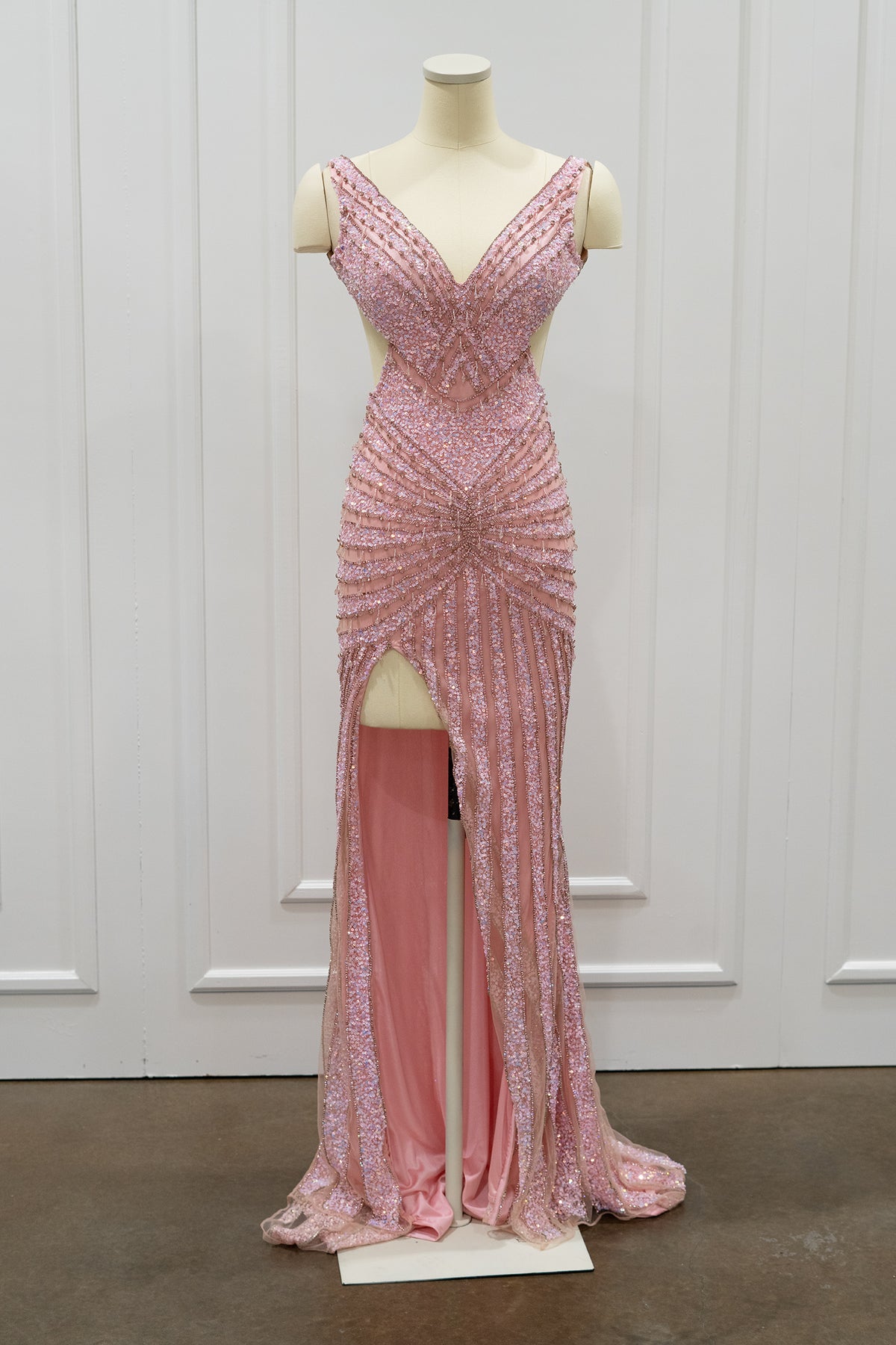 Sleeveless V-Neck Stripe Beaded Side Cutout Open Back Fitted Dress by Portia & Scarlett PS25453C