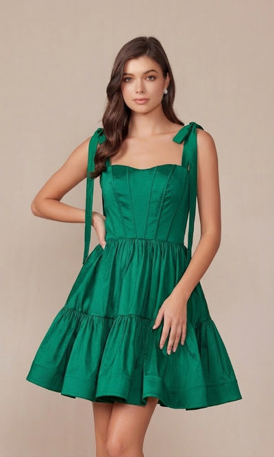 Nox Anabel T869 Short A-Line Homecoming Dress with Tie Shoulders & Corset